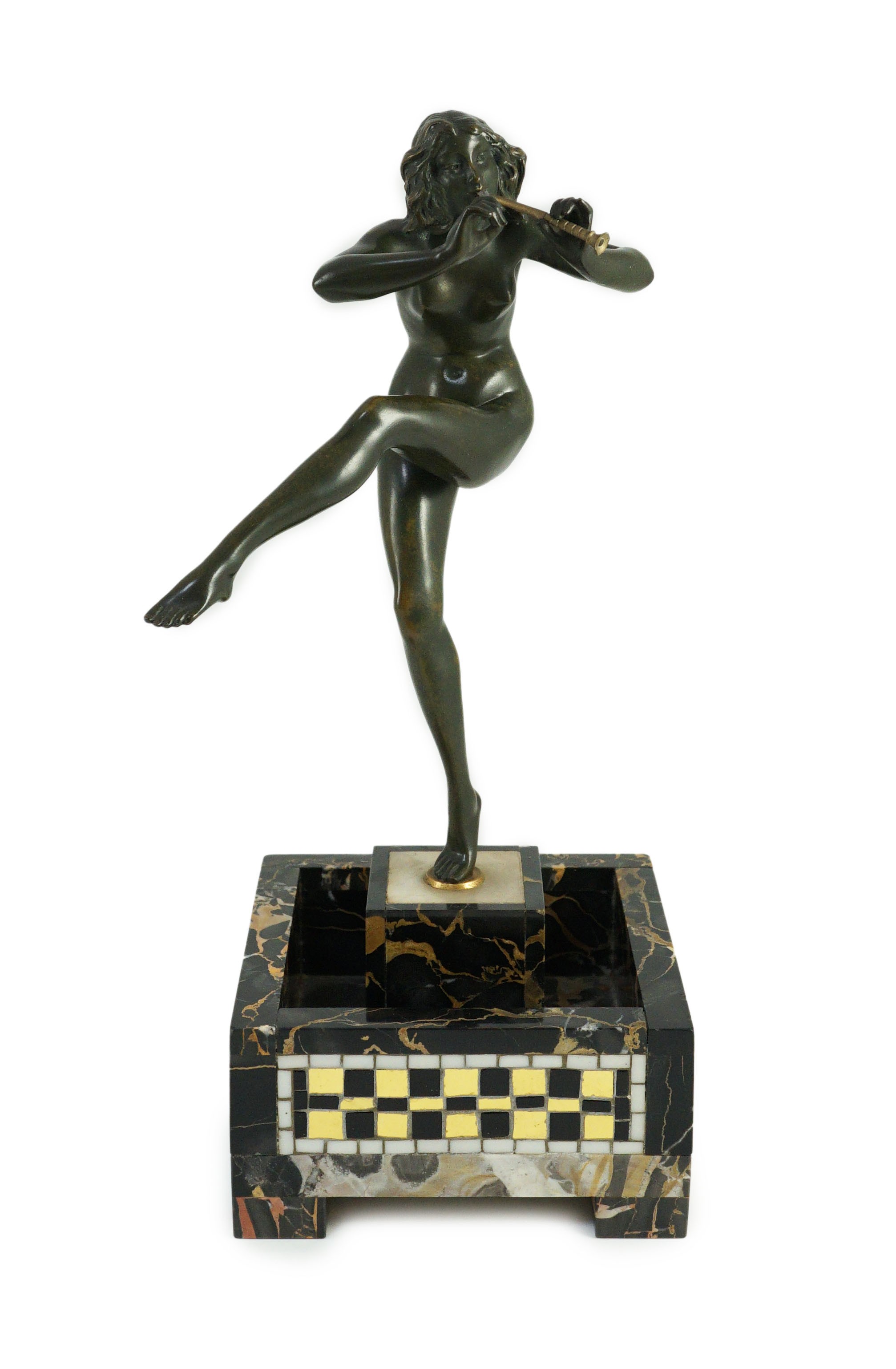 Pierre Le Faguays (1892-1962). An Art Deco bronze figure of a female pan piper, 15cm wide 37cm high overall